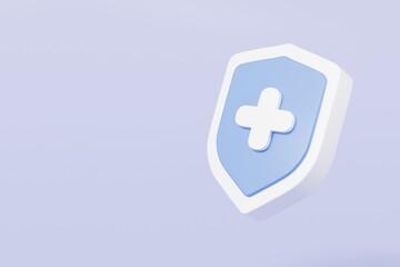 3d Shield with a cross icon symbol on isolated purple background. Protection of health from diseases. Healthcare security insurance medical concept. 3d Minimal insurance blue shield icon. 3d render.