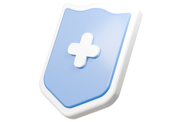 Obraz premium 3d Shield with a cross icon symbol on isolated purple background. Protection of health from diseases. Healthcare security insurance medical concept. 3d Minimal insurance blue shield icon. 3d render.