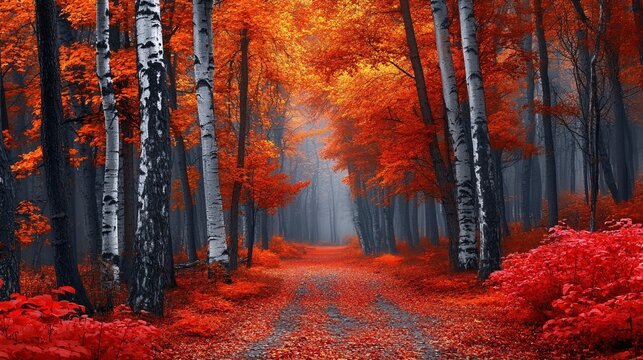 A striking wallpaper featuring a vibrant forest in autumn colors, with red foliage and birch trees, creating a mesmerizing and serene natural scene