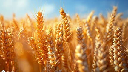 Golden Wheat Fields Under Blue Sky on a Sunny Day in Early Summer