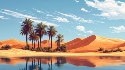 Serene desert scene with palm trees and oasis