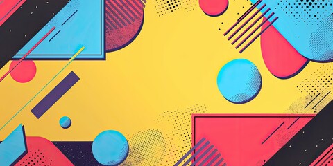 Abstract geometric shapes in blue, red, and yellow.