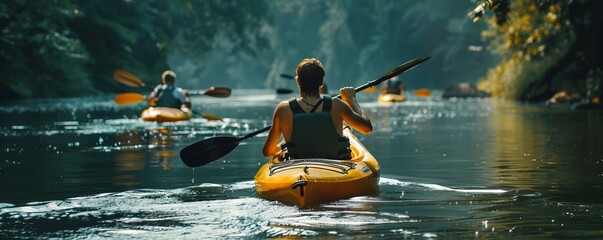 Friends kayaking down a scenic river, 4K hyperrealistic photo