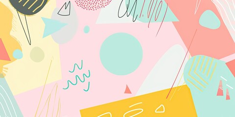 Abstract geometric shapes in pink, yellow, and blue.