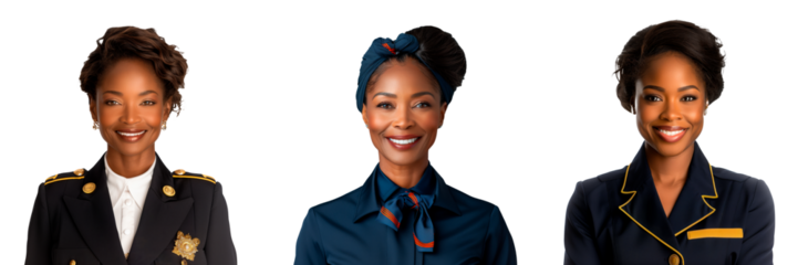 Portrait of a woman of african-american appearance on a white or transparent background. Flight attendant in uniform, looking at the camera, pilot's assistant.