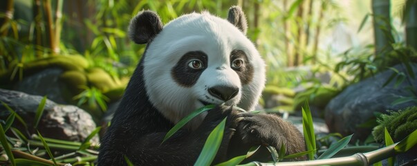 Obraz premium Giant panda eating bamboo, 4K hyperrealistic photo