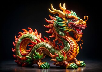 Fototapeta premium Vibrant fiery Chinese dragon figurine mascot set against a dark black background, symbolizing power and good fortune for the year.