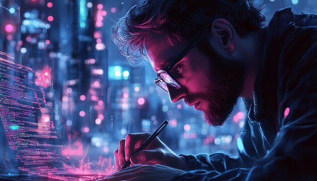 Developer Coding in a Neon-lit Cityscape