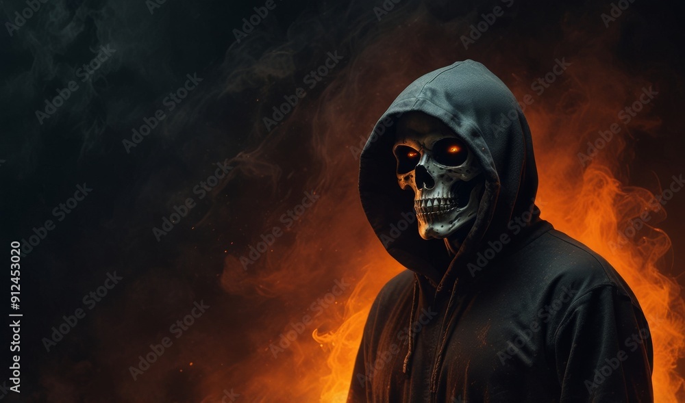 Wall mural Mysterious hooded figure with a skull face surrounded by orange smoke on a dark background, concept of horror and fantasy