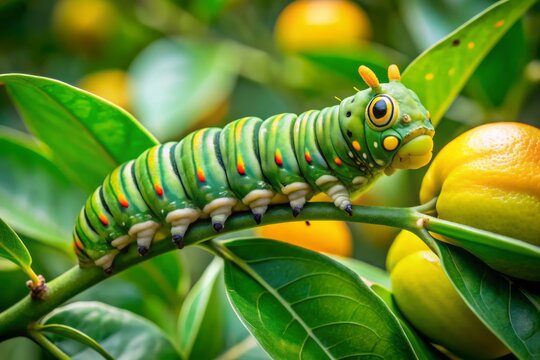 Close-up of Papilio Memnon caterpillar feeding on citrus leaves, showcasing its vibrant green body and distinctive horn-like protrusions outdoors.