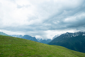 Magnificent mountains to trek in Mestia. Blooming mountain views in snowy weather in Mestia Georgia. Magnificent Mestia mountain views. Koruldi Lake trekking route.