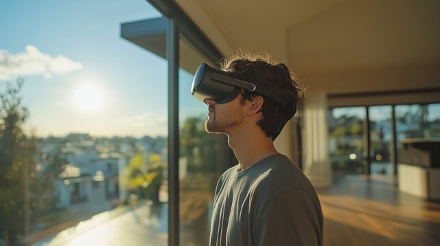 shift person to the far right, wide angle, a real person creating their metaverse avatar, immersive augmented reality, modern home, low angle lens 