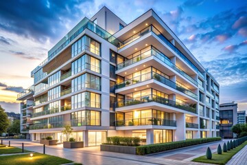 Sleek modern white apartment building with glass facade and contemporary architecture, set amidst cityscape, representing urban residential and commercial development.