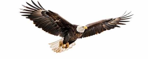 Obraz premium Majestic bald eagle soaring through a clear sky, 4K hyperrealistic photo