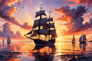 Fototapeta premium sailing ship in the sunset