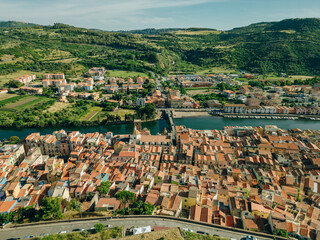 Aerial view of Bosa, a small colourful town near Oristano, Sardinia island, Italy