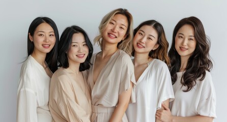 Fototapeta premium 5 Asian women in their thirties, smiling and posing for the camera with a white background, wearing light-colored . 
