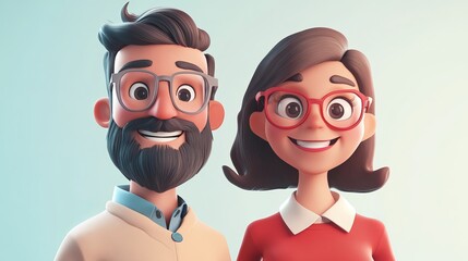 Fototapeta premium Cheerful Cartoon Couple Smiling Against a Light Background