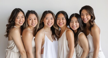 Obraz premium 5 Asian women in their thirties, smiling and posing for the camera with a white background, wearing light-colored . 