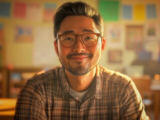 Obraz premium A person wearing glasses and a plaid shirt, suitable for various applications including editorial, commercial or personal use