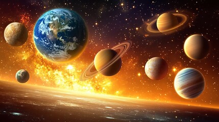 Colorful Solar System With Planets Orbiting A Bright Star In Space