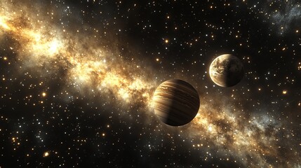 Distant Planets Orbiting in a Glowing Galactic Landscape at Night