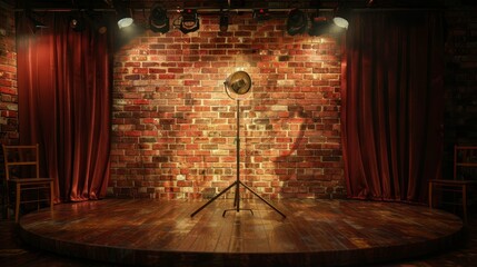 Empty comedy club stage with brick wall backdrop, mic stand, and spotlight   realistic photo