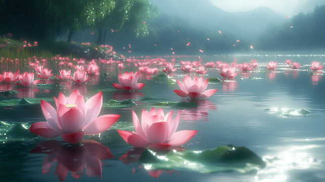 lake view with lotus flowers - Powered by Adobe