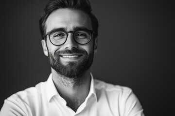 Obraz premium Thoughtful businessman looking at the camera, smiling, monochrome background with generative ai
