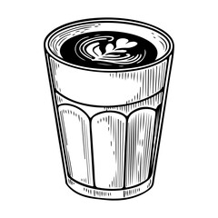 Cappuccino or chocolate in a glass with whipped cream. Hand-drawn sketch