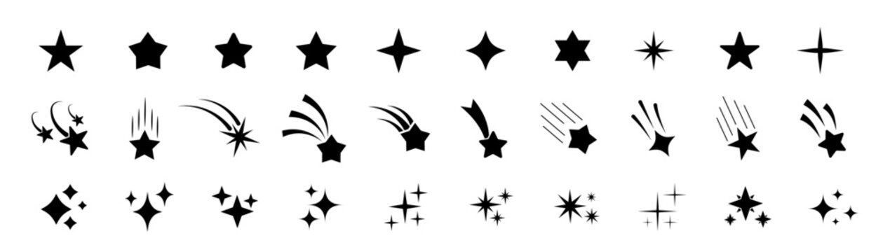 Stars icon collection. Different star shapes. Black stars icon set.  Sparkle star icon set. Falling stars . Vector illustration
