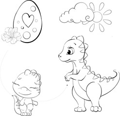 Vector dinosaurs mom and baby tyrannosaur, egg. Clipart for baby shower, nursery, decor, stickers, prints with historical animals. Black line silhouette for circuit