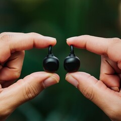 noise canceling earbuds black held by fingers