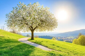 Obraz premium A picturesque landscape featuring a lone tree in full bloom with white flowers, standing on a gently sloping green hill. 