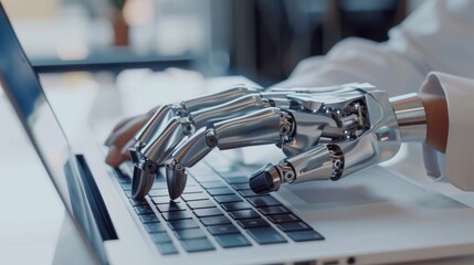 The robot typing on laptop