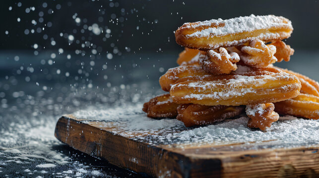 Icing sugar falling on stack of freshly fried churros on rustic wooden board