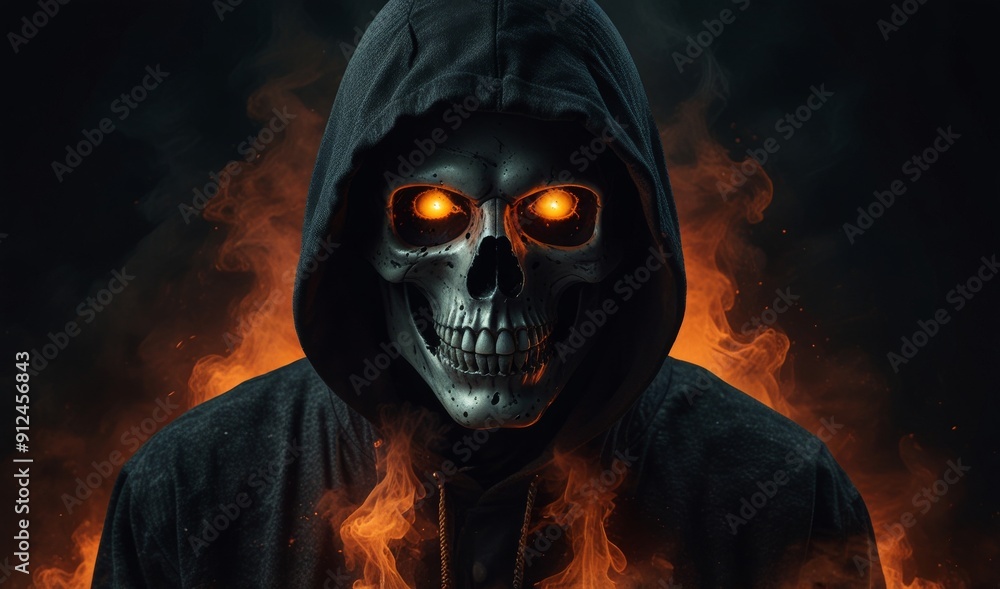 Wall mural Mysterious hooded figure with a skull face surrounded by orange smoke on a dark background, concept of horror and fantasy