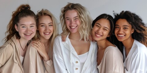 Obraz premium Group of five diverse women smiling and standing close together in light-colored outfits.