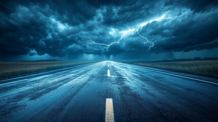 Obraz premium Dramatic stormy road with lightning in the distance and dark clouds