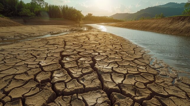 Dry riverbed depicting cracked earth and scant water, emphasizing drought and climate change effects