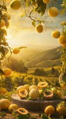 Podium with Passionfruit and Golden Hour Light. AI generated illustration