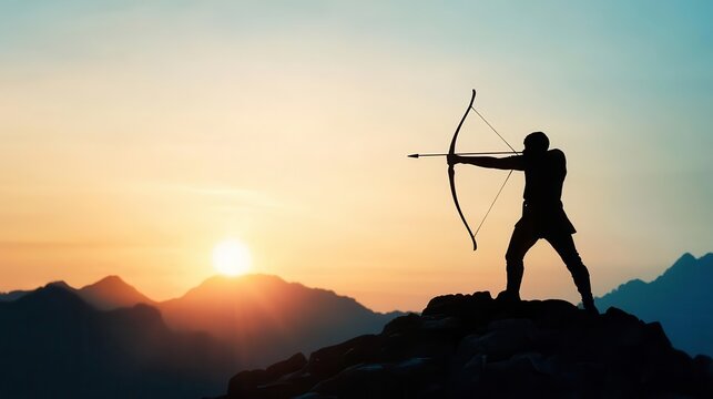 Archer aiming at a distant target, focus on concentration, copy space, focus and determination, whimsical, silhouette, mountain range backdrop