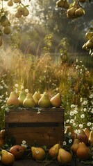 Podium with Pear and Afternoon Light. AI generated illustration