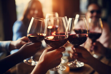 Obraz premium Cheers! A joyful gathering of friends toasting with red wine glasses in a warm, inviting atmosphere.