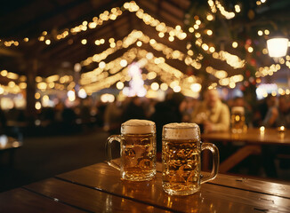 Two glass of beer on the table in a summer cafe.