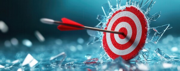 Fototapeta premium Arrow striking the bullseye on a shattered glass target, breaking barriers and achieving goals concept
