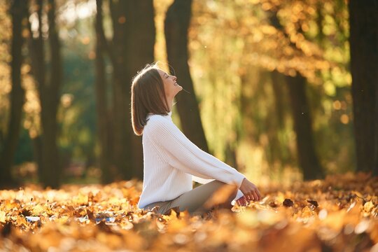 Young beautiful woman is doing yoga in the autumn park