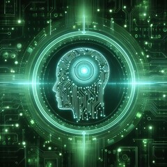 Obraz premium Green AI background with digital and futuristic elements, glow-in-the-dark, artificial intelligence technology based on data science and innovation in internet cyberspace.