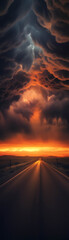 Fototapeta premium Dramatic storm clouds loom over a road at sunset, capturing a captivating blend of light and shadow.