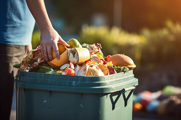 A person discards food waste into a green bin during sunset, highlighting the importance of proper waste disposal.